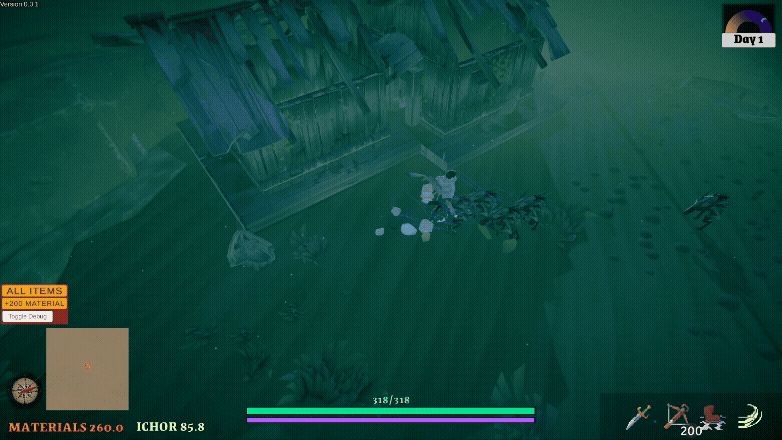 HAWKER gameplay: the Hawker's shadow powers surge as light drops, a glimpse of the Light & Shadow combat mechanic.