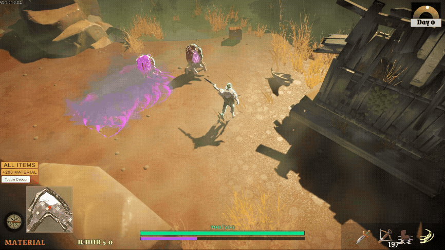 HAWKER gameplay: the Hawker engages a mob of blight-scorched enemies in the ruins of Ysward.
